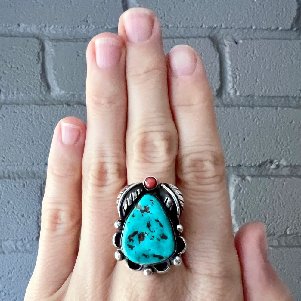 ✨ New Large ARTISAN Southwestern Turquoise & Coral Sterling Silver Ring USA Made